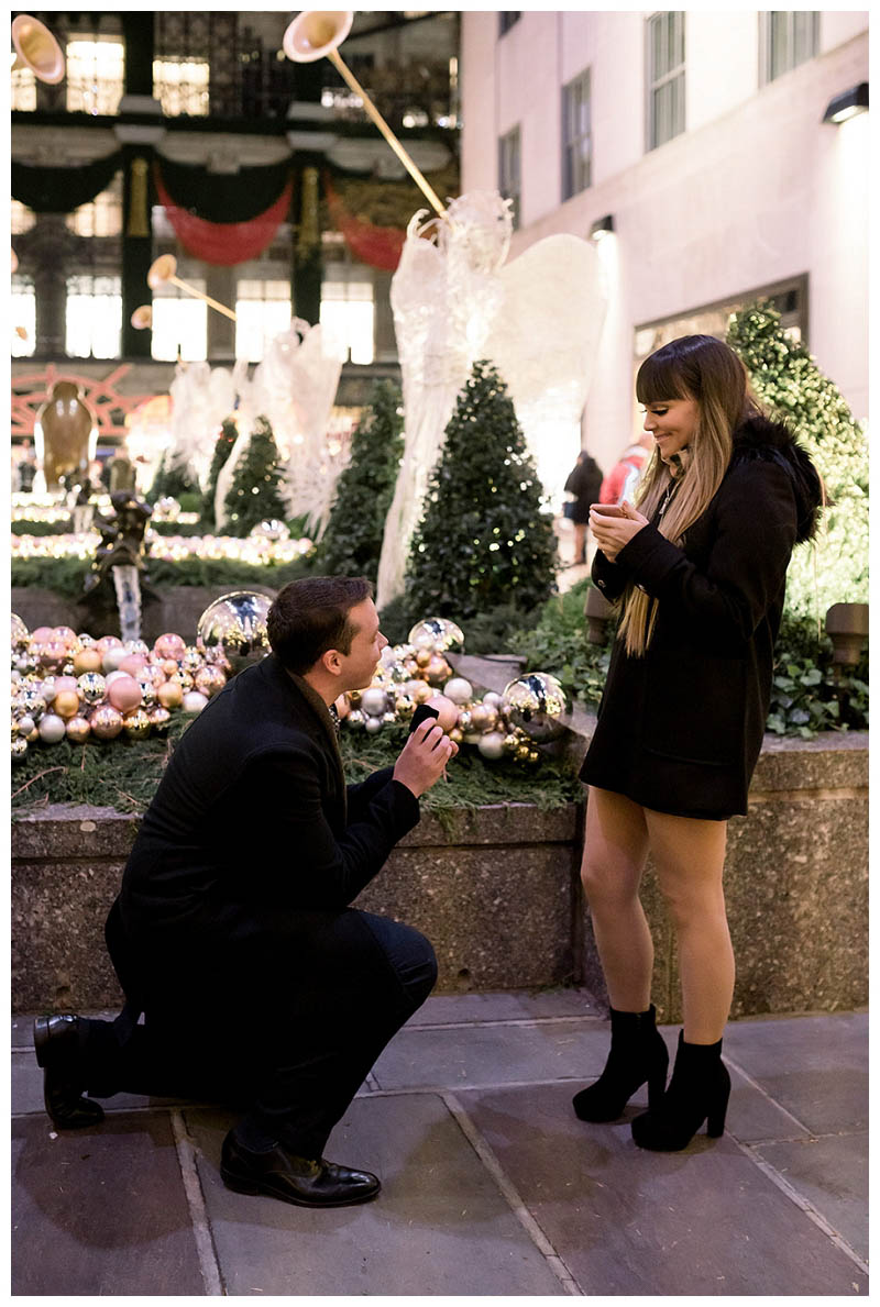 Rockefeller Center proposal captured by NYC proposal photographer, Karina Mekel Photography, during the holidays in NYC