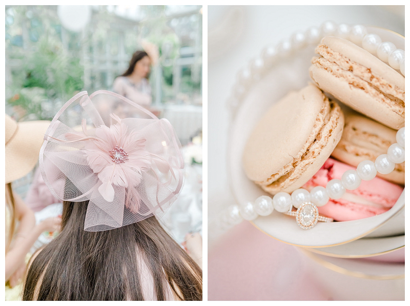 french macarons and pearls at bridal tea, guests wore fascinators