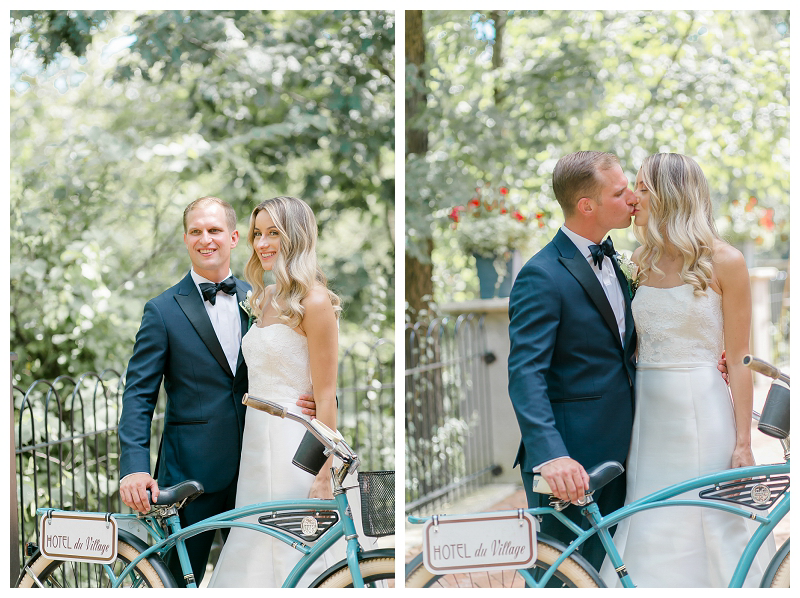 bride and groom with vintage bicycle