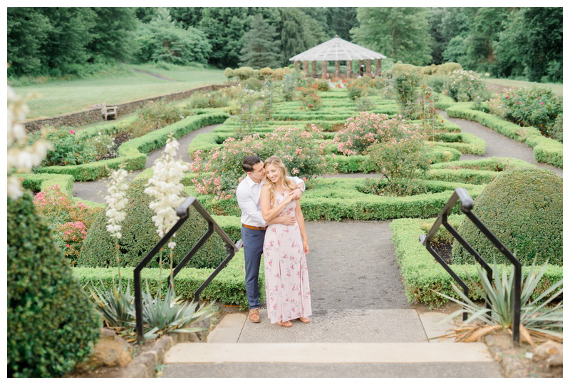 Deep Cut Gardens engagement photo featuring bride-to-be in floral gown. This NJ garden engagement was captured by NJ engagement photographer Karina Mekel Photography.