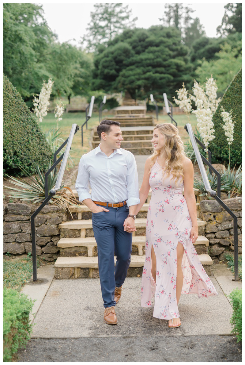 Deep Cut Gardens engagement photo featuring bride-to-be in floral gown. This NJ garden engagement was captured by NJ engagement photographer Karina Mekel Photography.