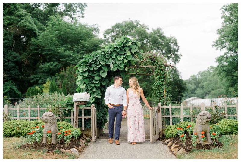 Deep Cut Gardens engagement photo featuring bride-to-be in floral gown. This NJ garden engagement was captured by NJ engagement photographer Karina Mekel Photography.