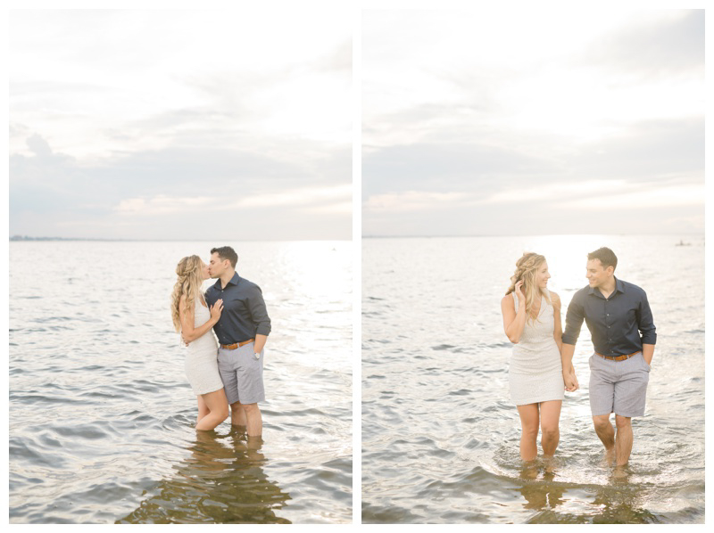 Couple in water during beach engagement photos in NJ by NJ wedding photographer Karina Mekel, couple in ocean, engagement photos in ocean
